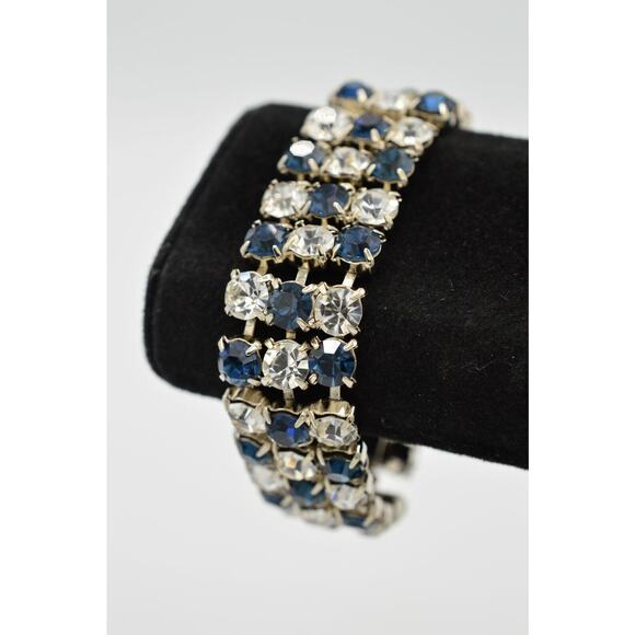Vintage Blue Crystal Bracelet Rhinestone Chunky Statement Check 1980s NOS Bin4 - Picture 1 of 12
